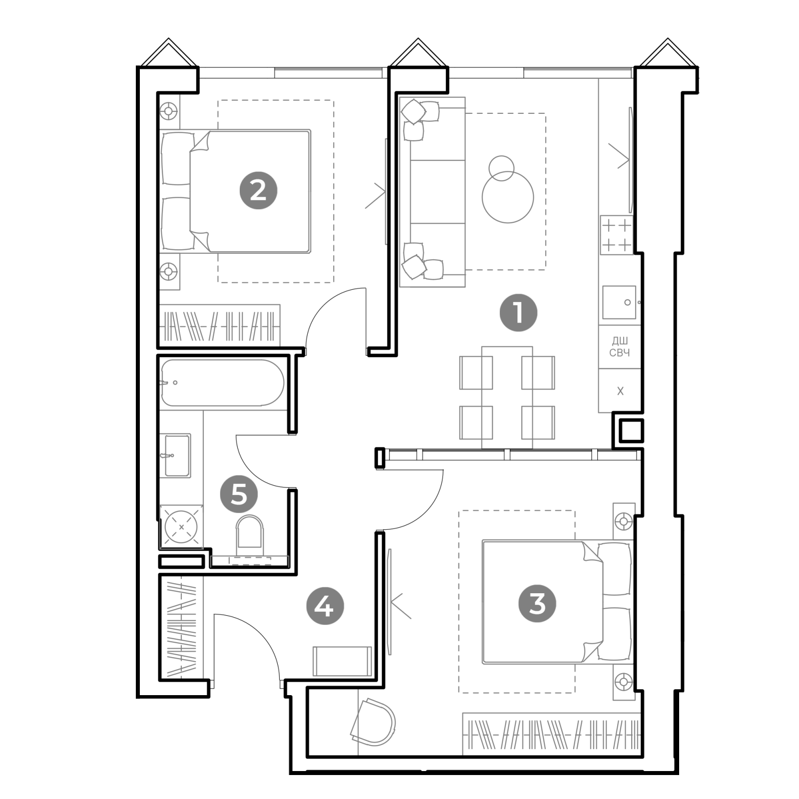 Планировка: 3-комнатная квартира, 56,8 м²