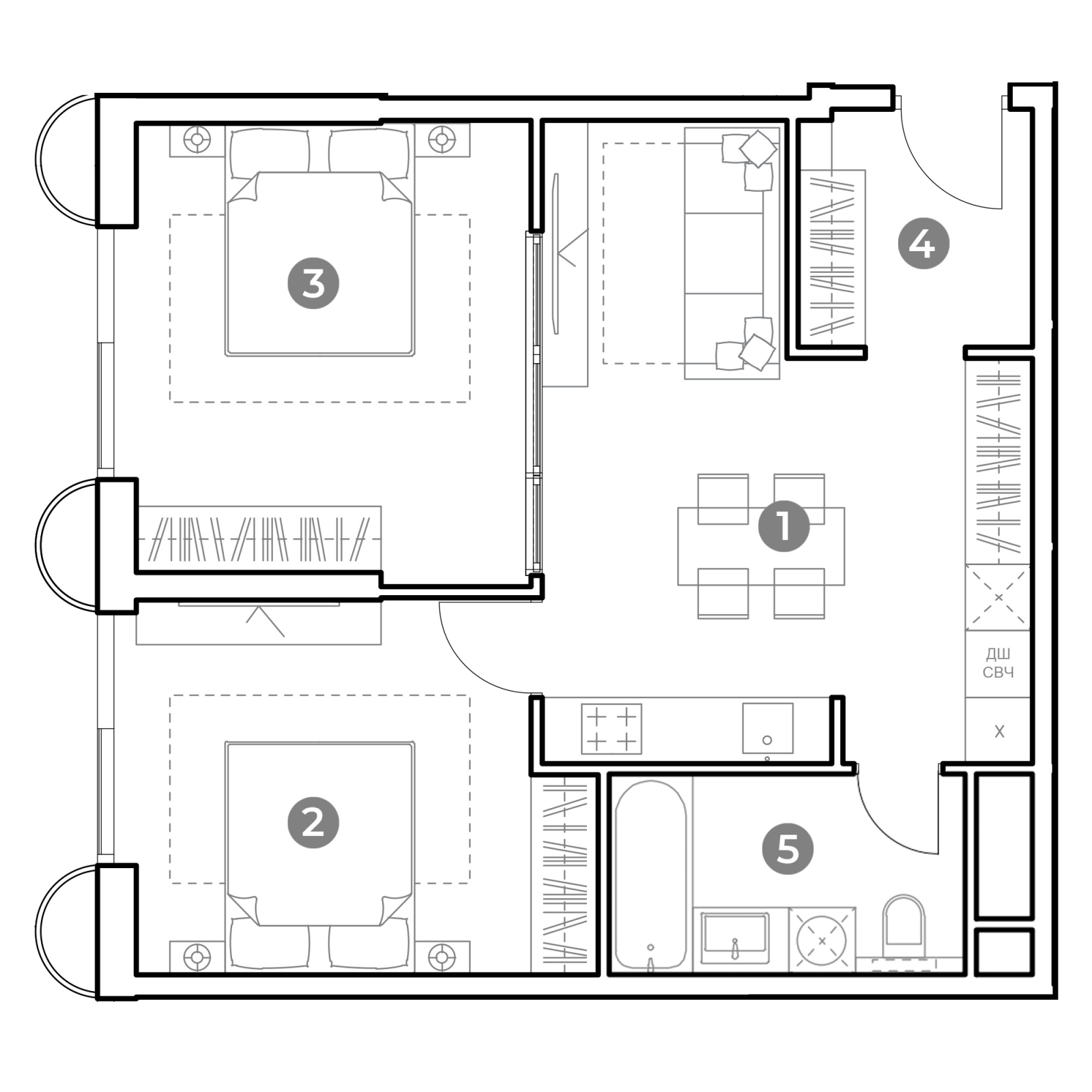 Планировка: 3-комнатная квартира, 59,1 м²