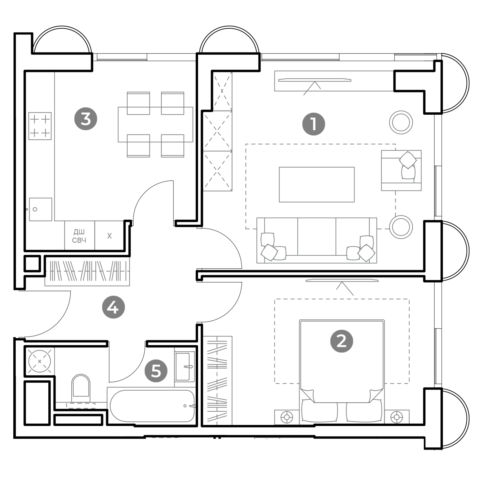 Планировка: 2-комнатная квартира, 55,8 м²