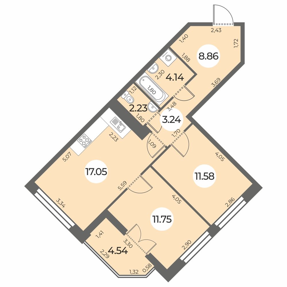 Планировка: 2-комнатная квартира, 61,1 м²