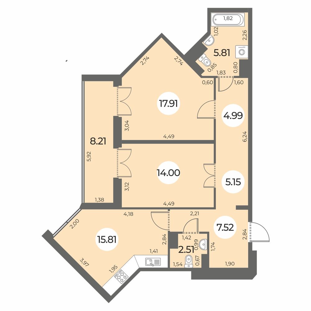 Планировка: 2-комнатная квартира, 77,8 м²