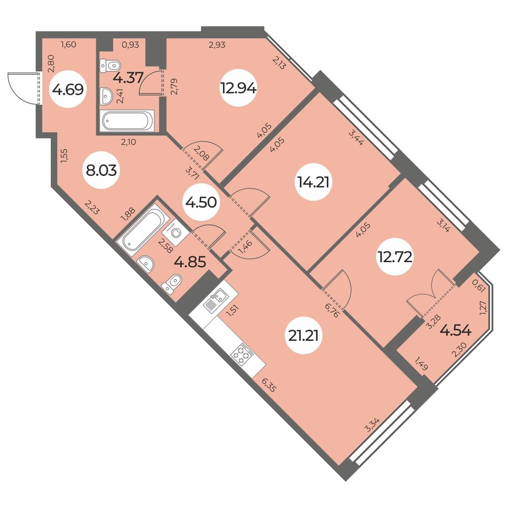 Планировка: 3-комнатная квартира, 89,8 м²