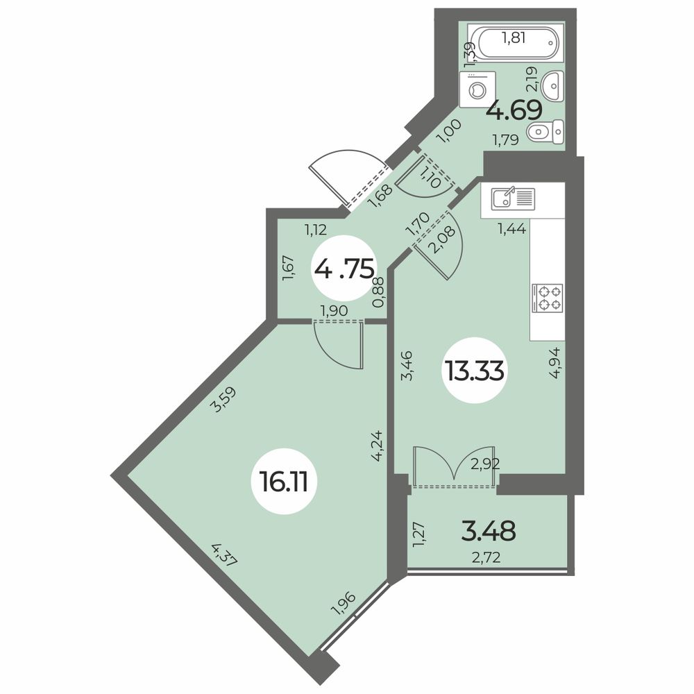 Планировка: 1-комнатная квартира, 40,6 м²