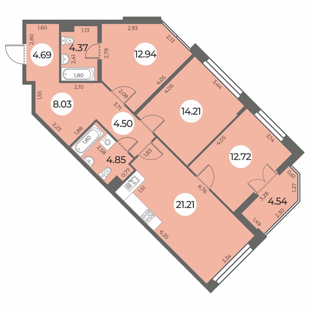 Планировка: 3-комнатная квартира, 89,8 м²