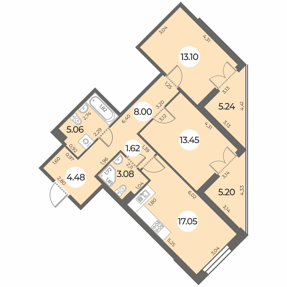 Планировка: 2-комнатная квартира, 71,1 м²