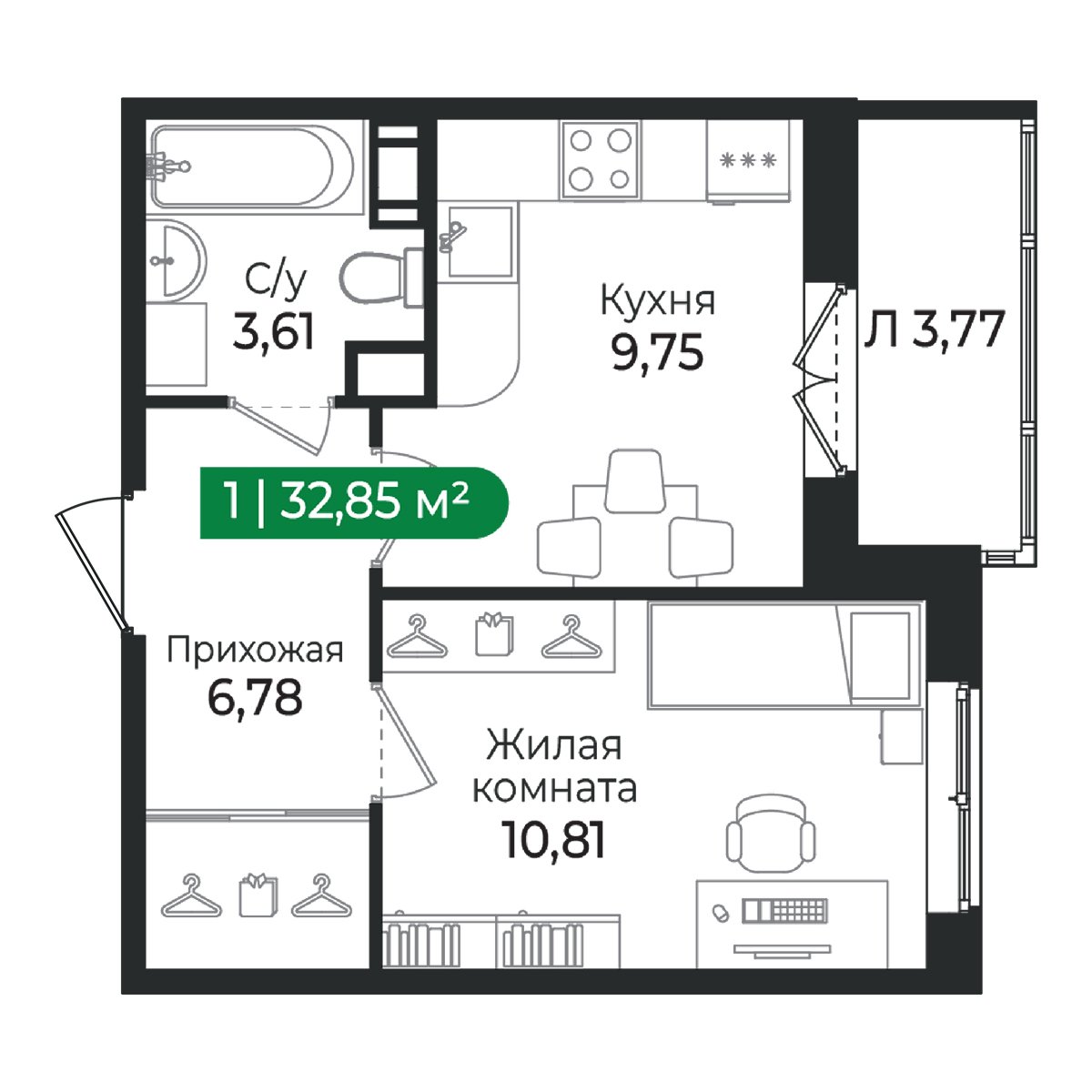 Планировка: 1-комнатная квартира, 32,9 м²