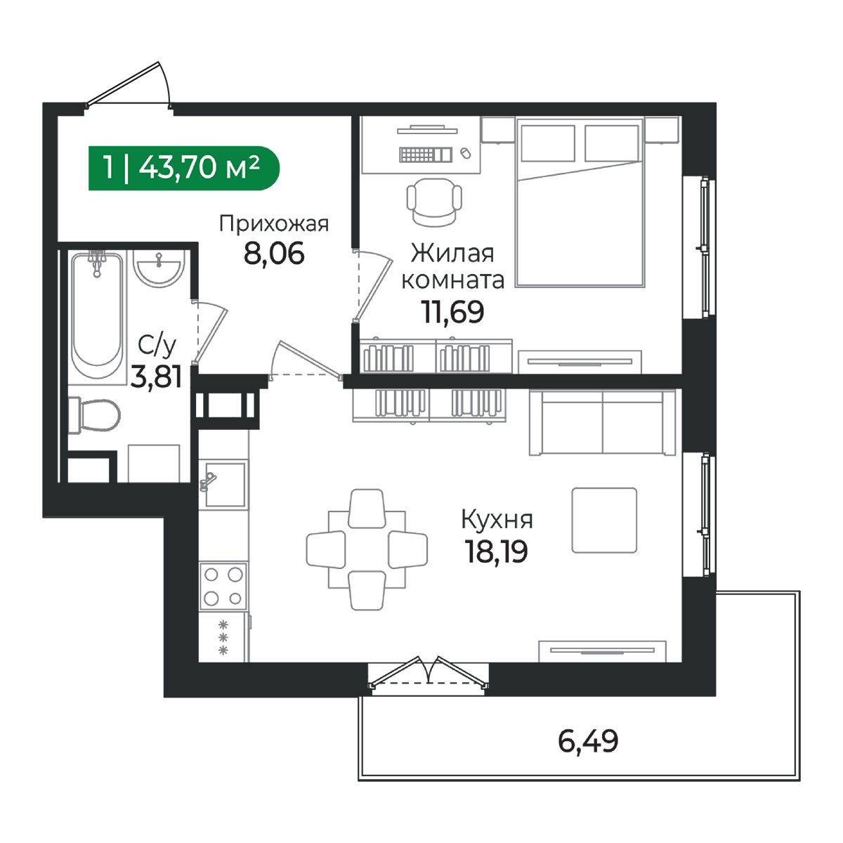 Планировка: 1-комнатная квартира, 43,7 м²