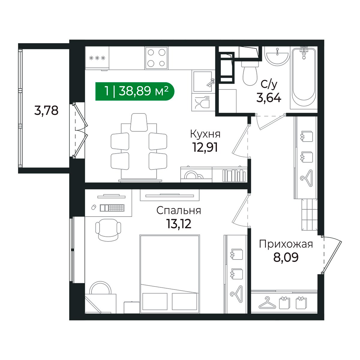Планировка: 1-комнатная квартира, 37,6 м²