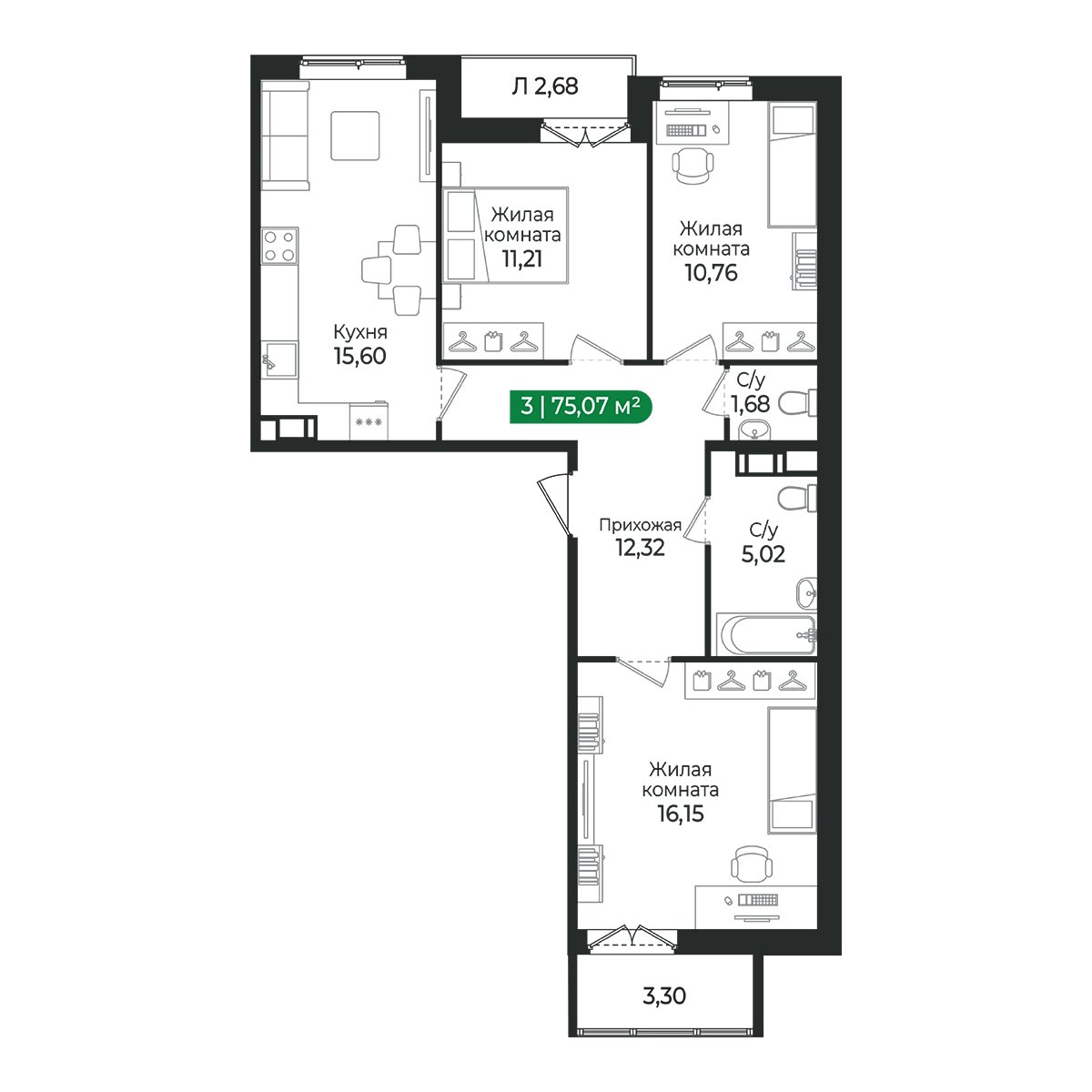 Планировка: 3-комнатная квартира, 75,1 м²