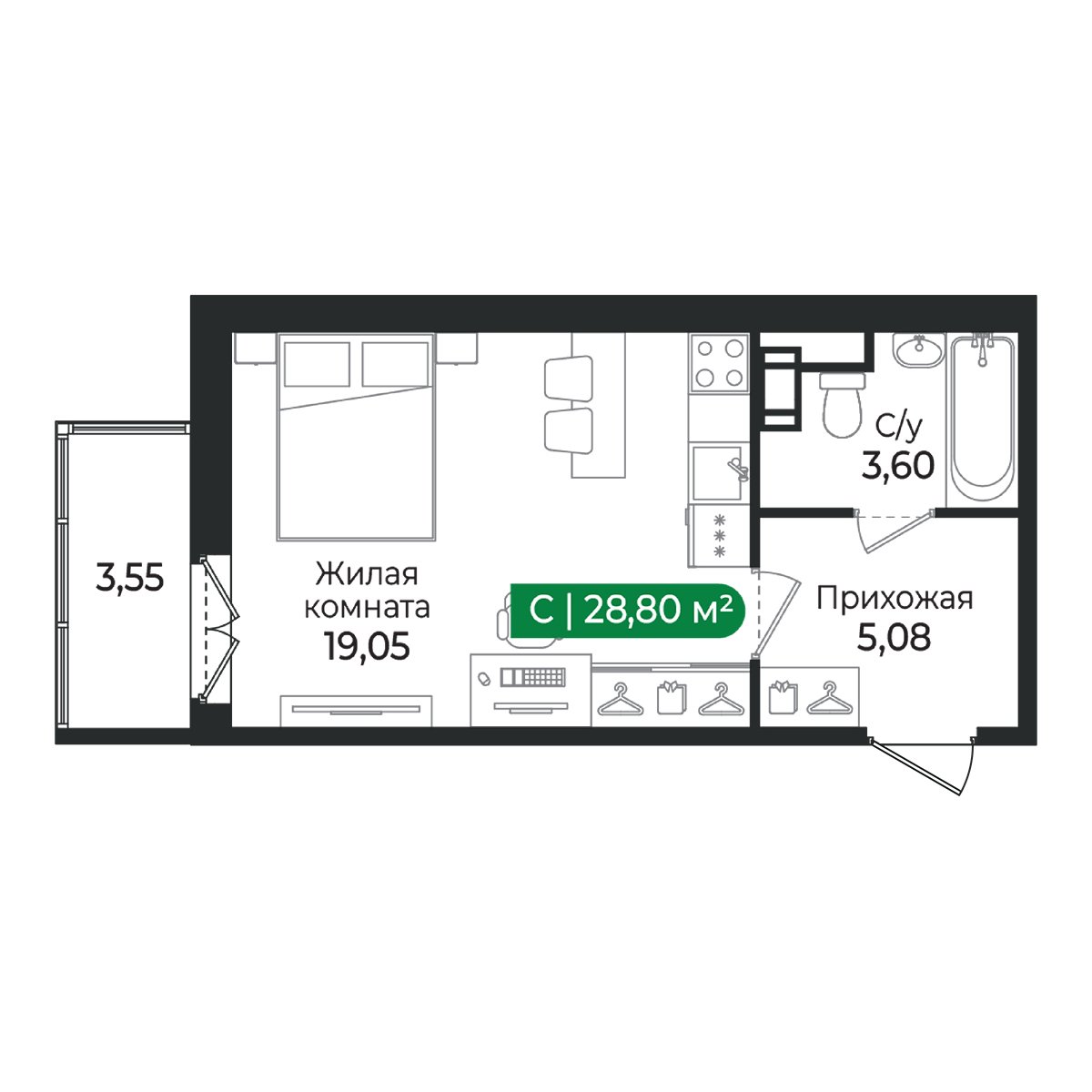 Планировка: студия, 28,8 м²