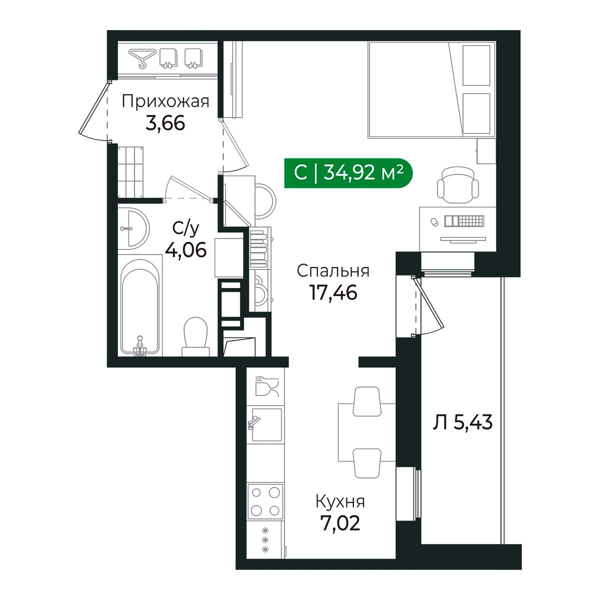 Планировка: студия, 31,8 м²