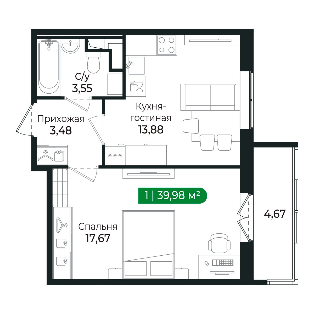 Планировка: 1-комнатная квартира, 38,4 м²
