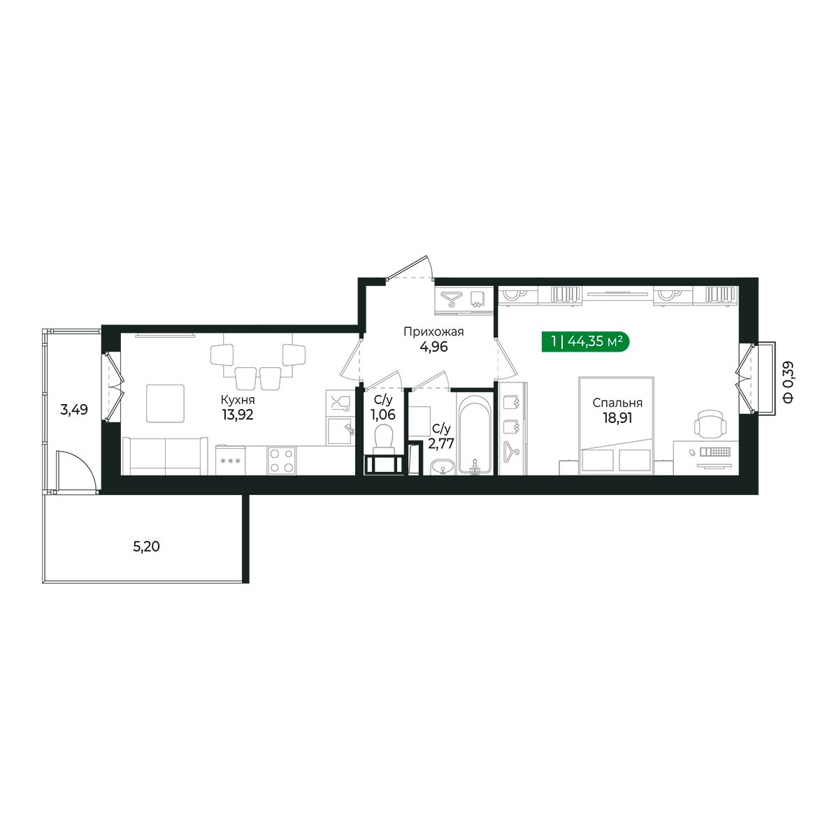 Планировка: 1-комнатная квартира, 41,8 м²