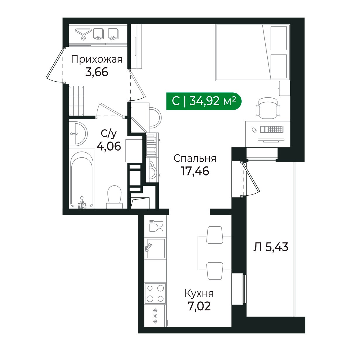 Планировка: студия, 31,9 м²