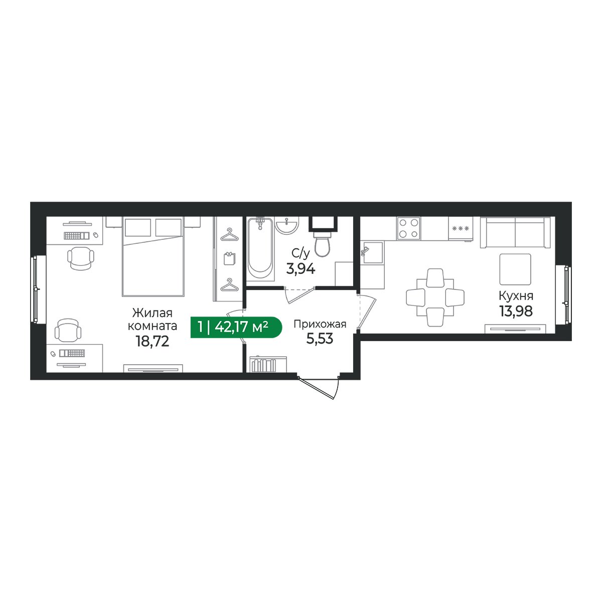Планировка: 1-комнатная квартира, 42,2 м²
