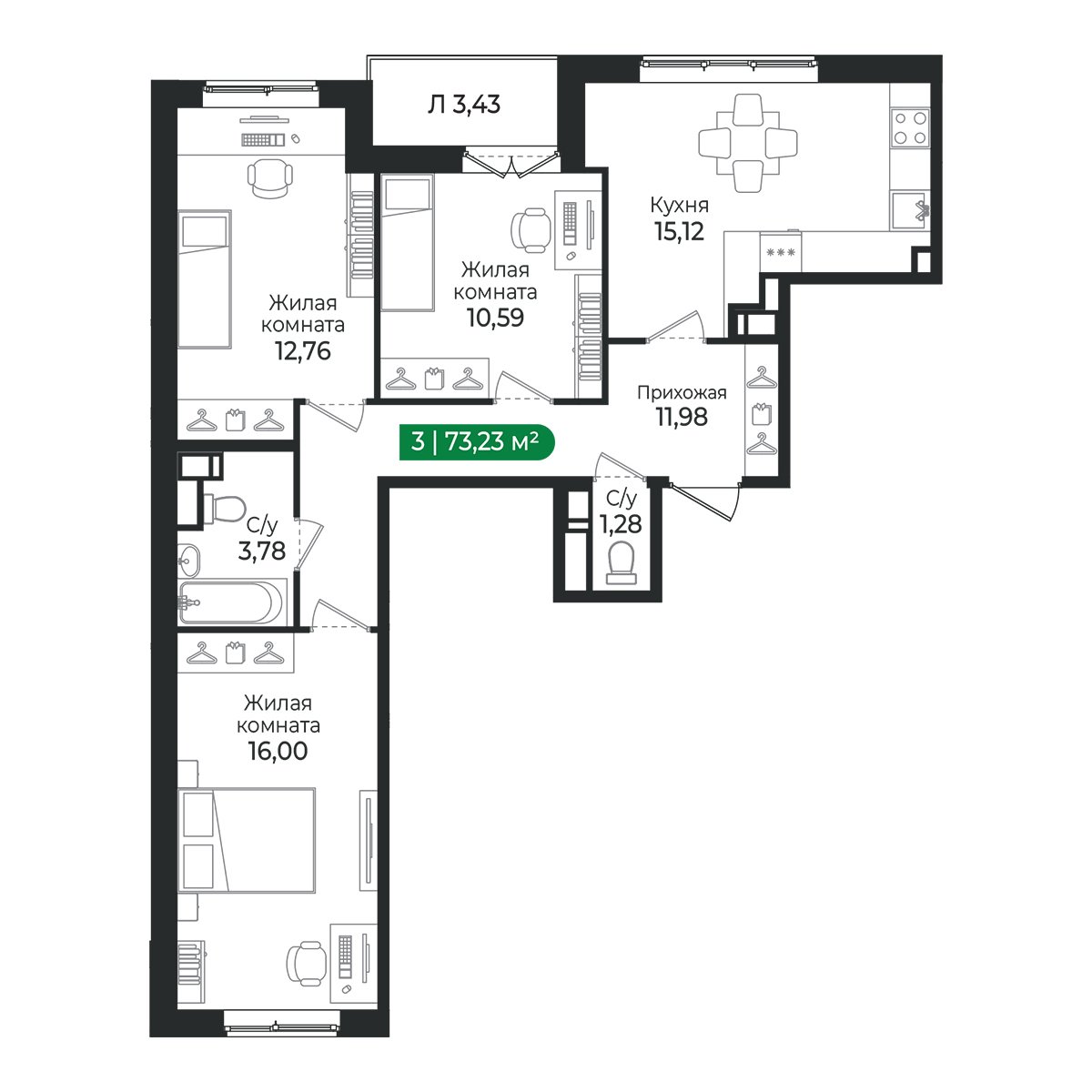 Планировка: 3-комнатная квартира, 73,2 м²