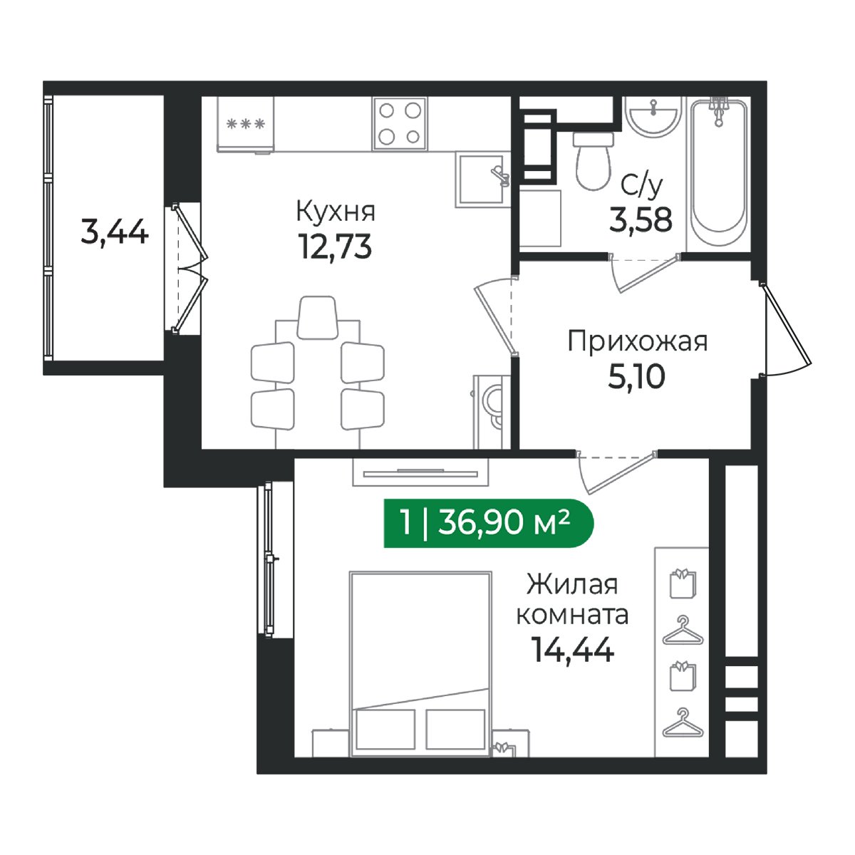 Планировка: 1-комнатная квартира, 36,9 м²