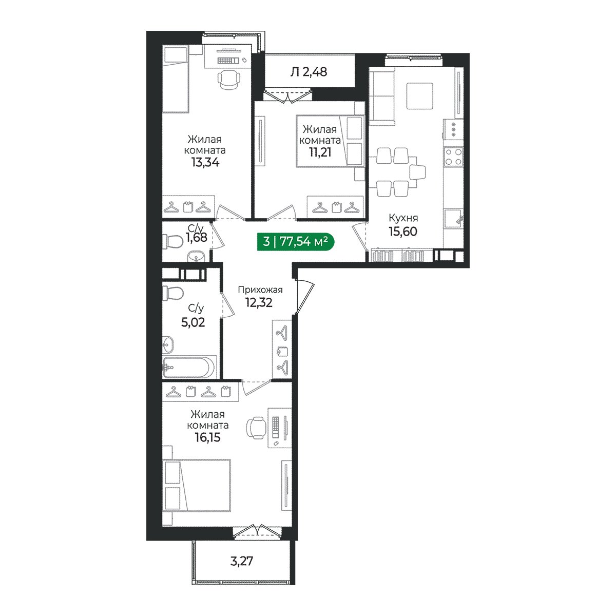 Планировка: 3-комнатная квартира, 77,5 м²