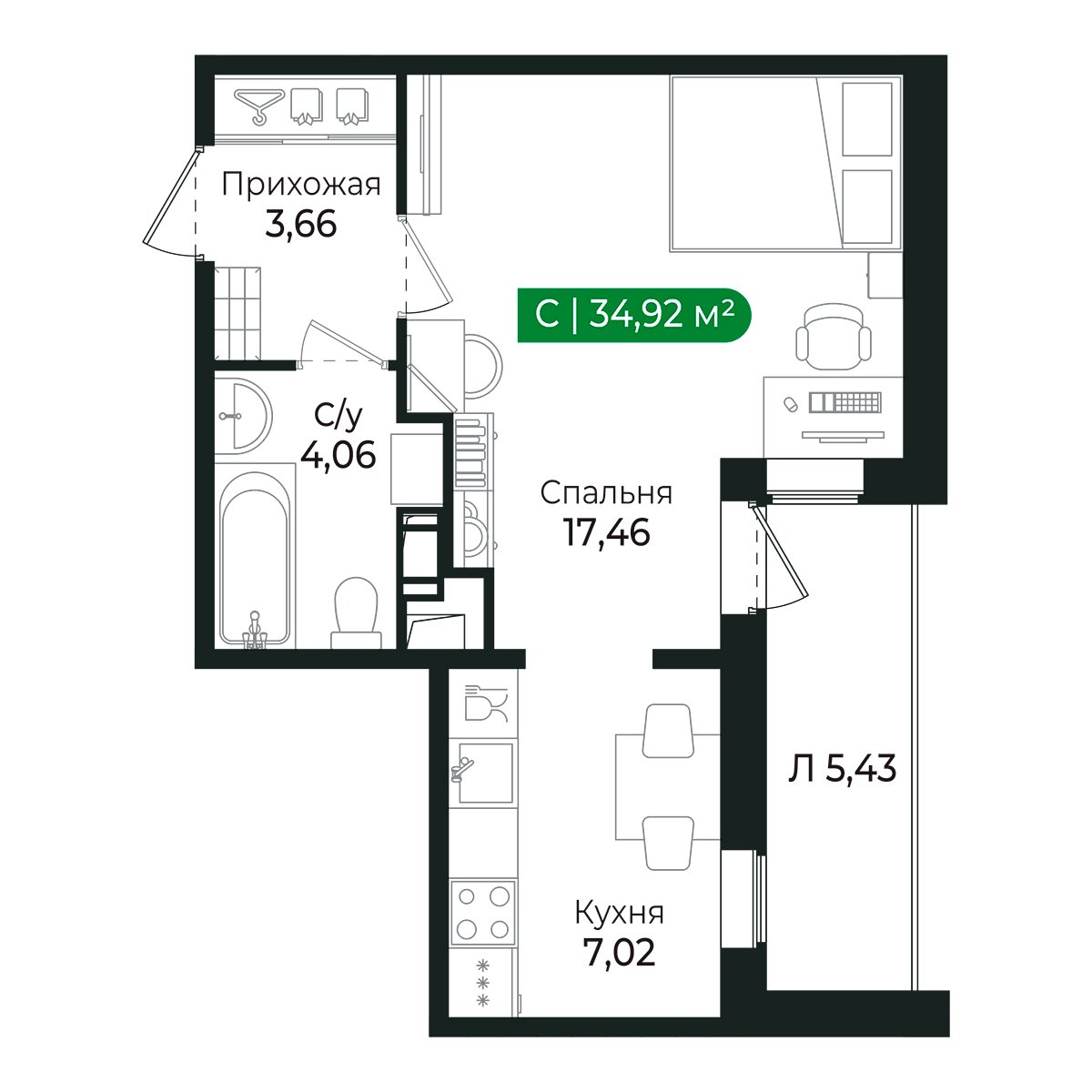 Планировка: студия, 31,8 м²