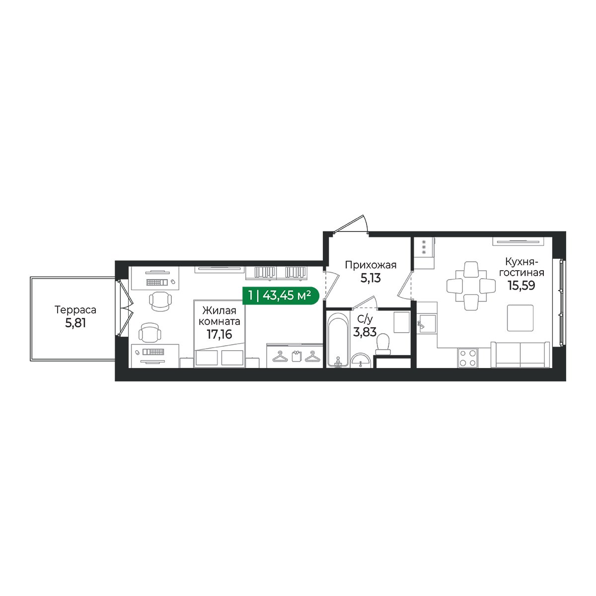 Планировка: 1-комнатная квартира, 43,5 м²
