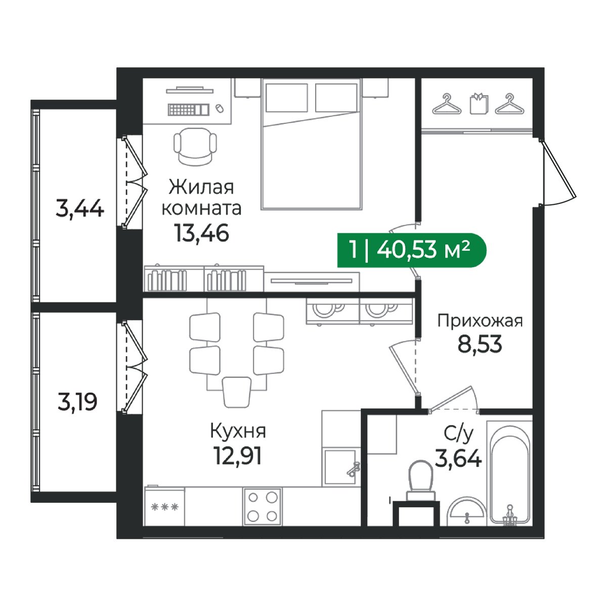 Планировка: 1-комнатная квартира, 40,5 м²