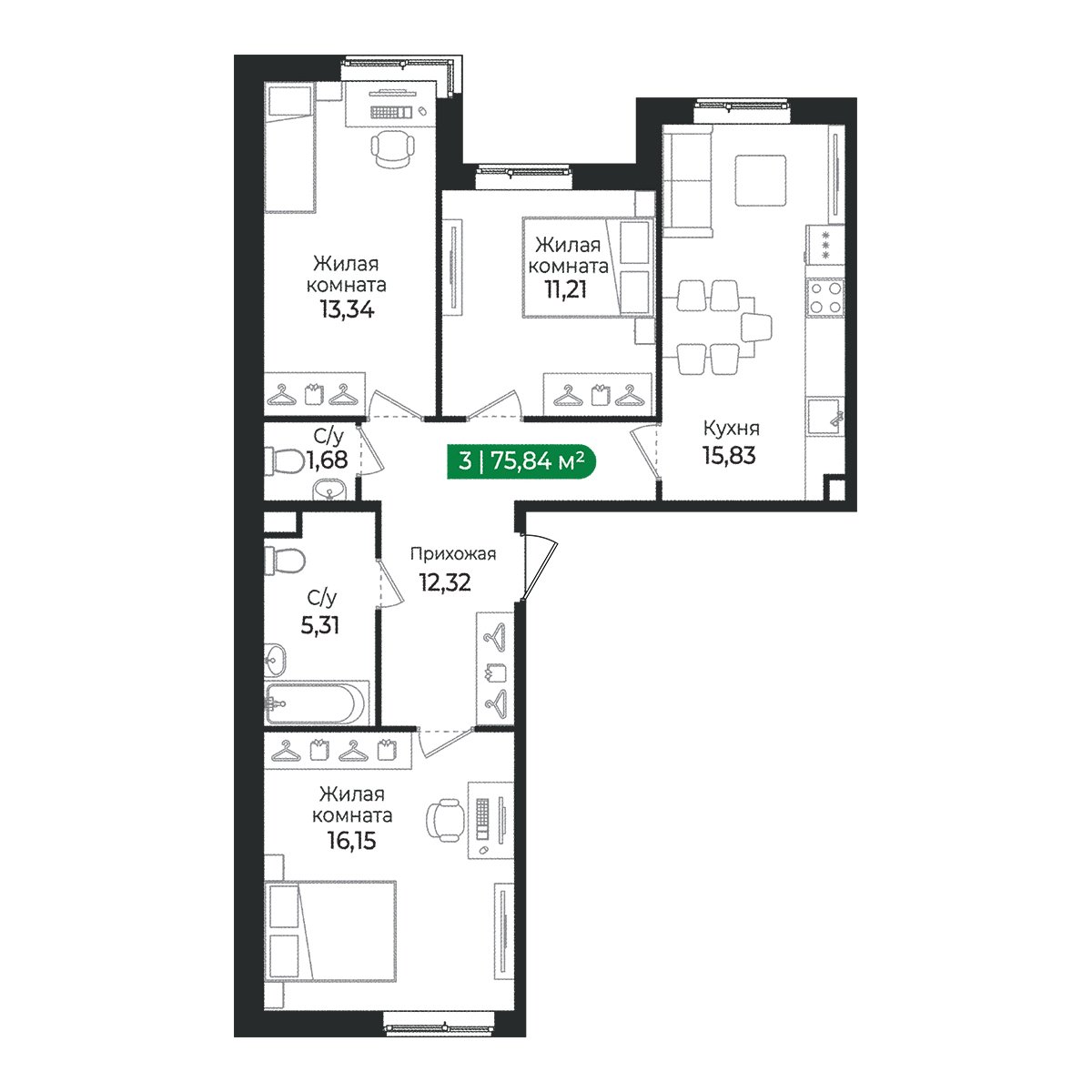 Планировка: 3-комнатная квартира, 75,8 м²