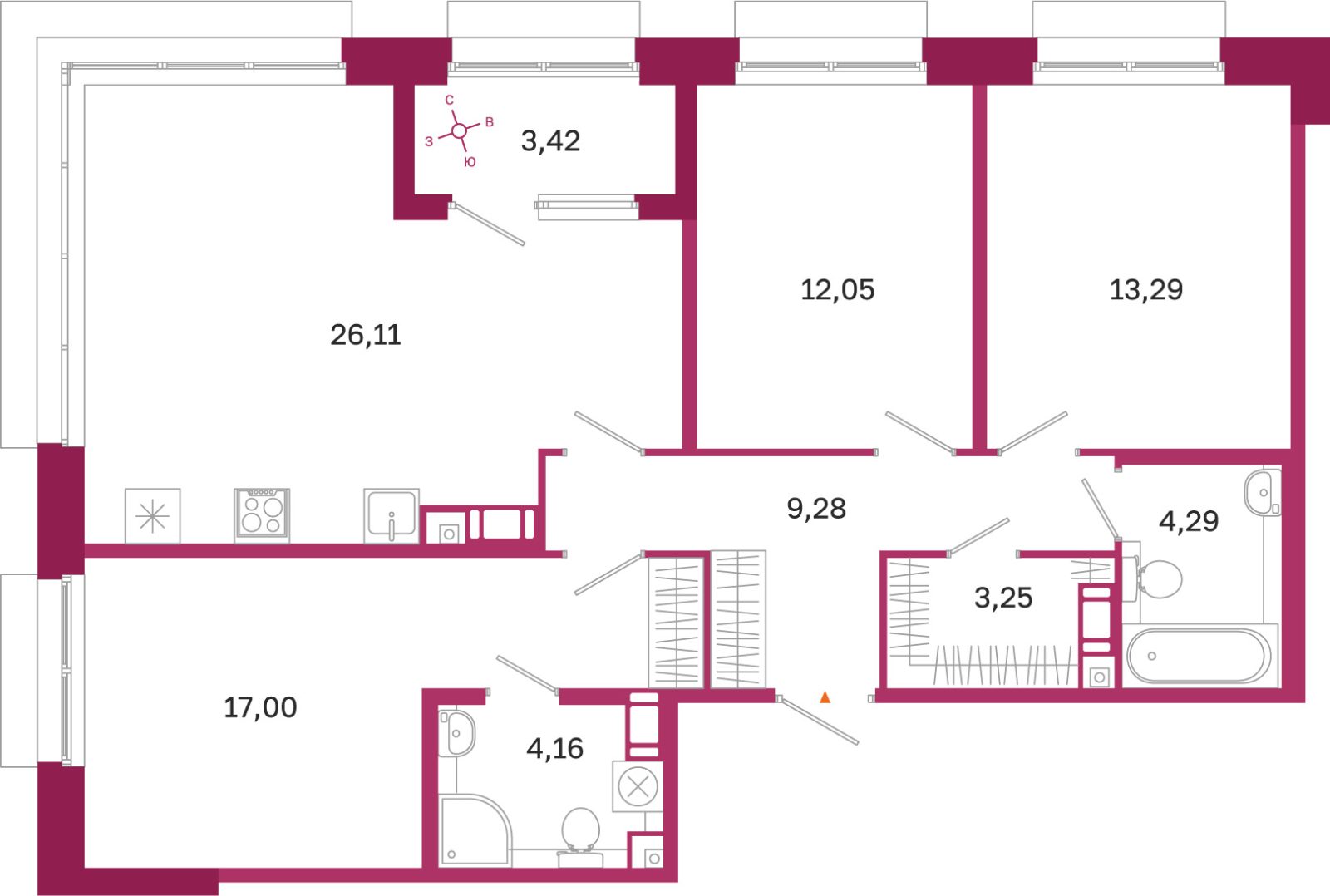 Планировка: 3-комнатная квартира, 89,4 м²