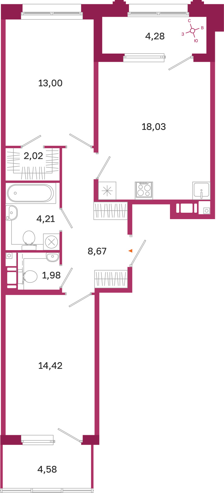 Планировка: 2-комнатная квартира, 62,3 м²