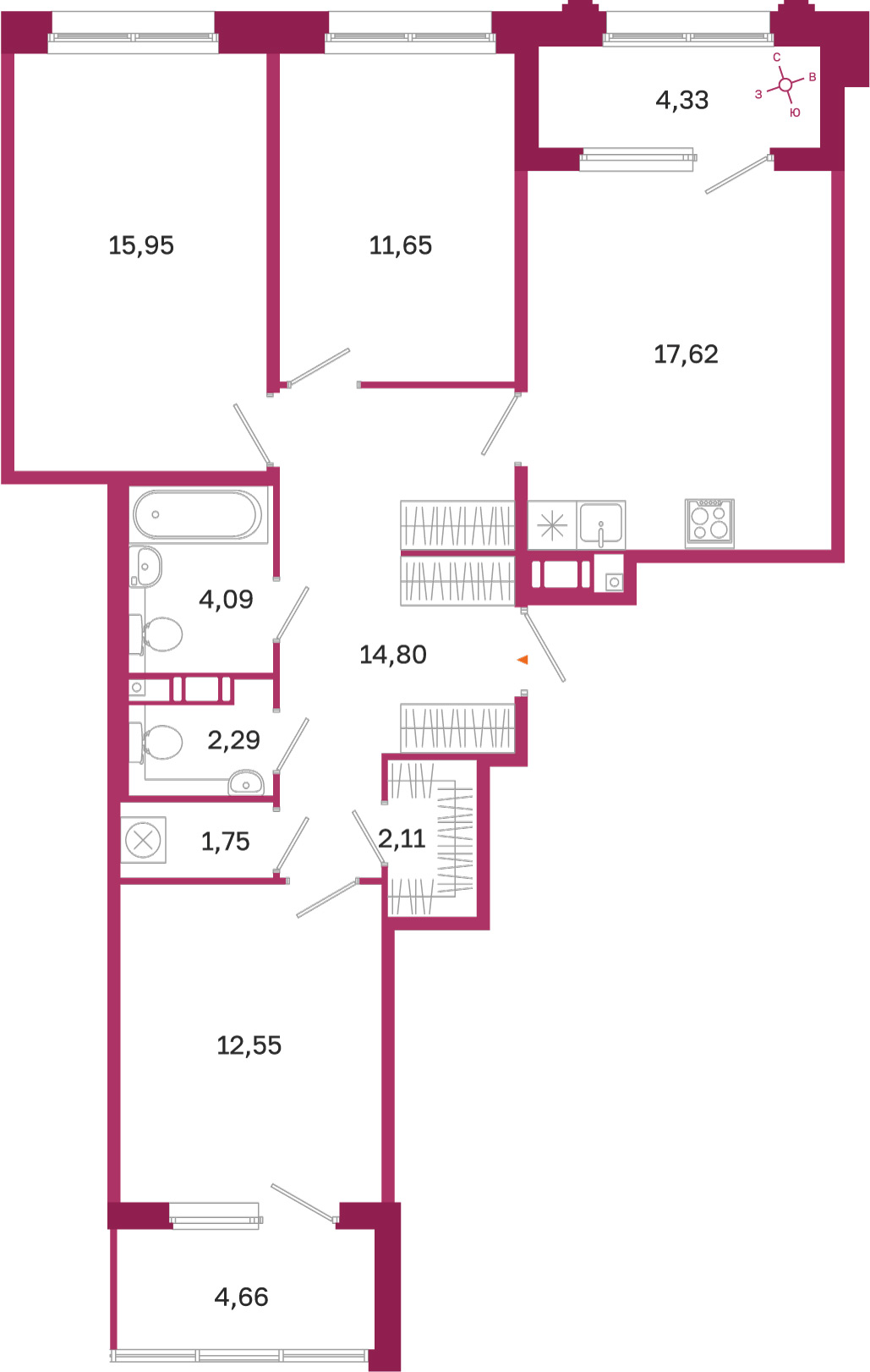 Планировка: 3-комнатная квартира, 82,8 м²