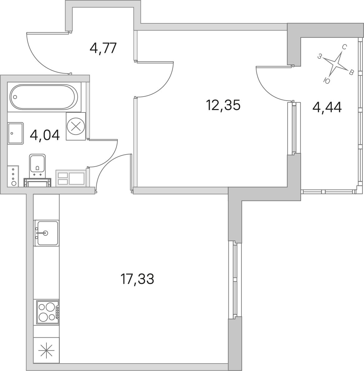 Планировка: 1-комнатная квартира, 38,5 м²