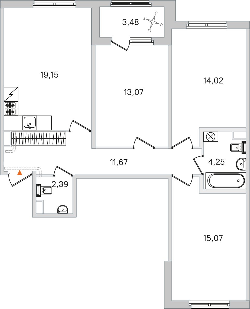Планировка: 3-комнатная квартира, 79,6 м²