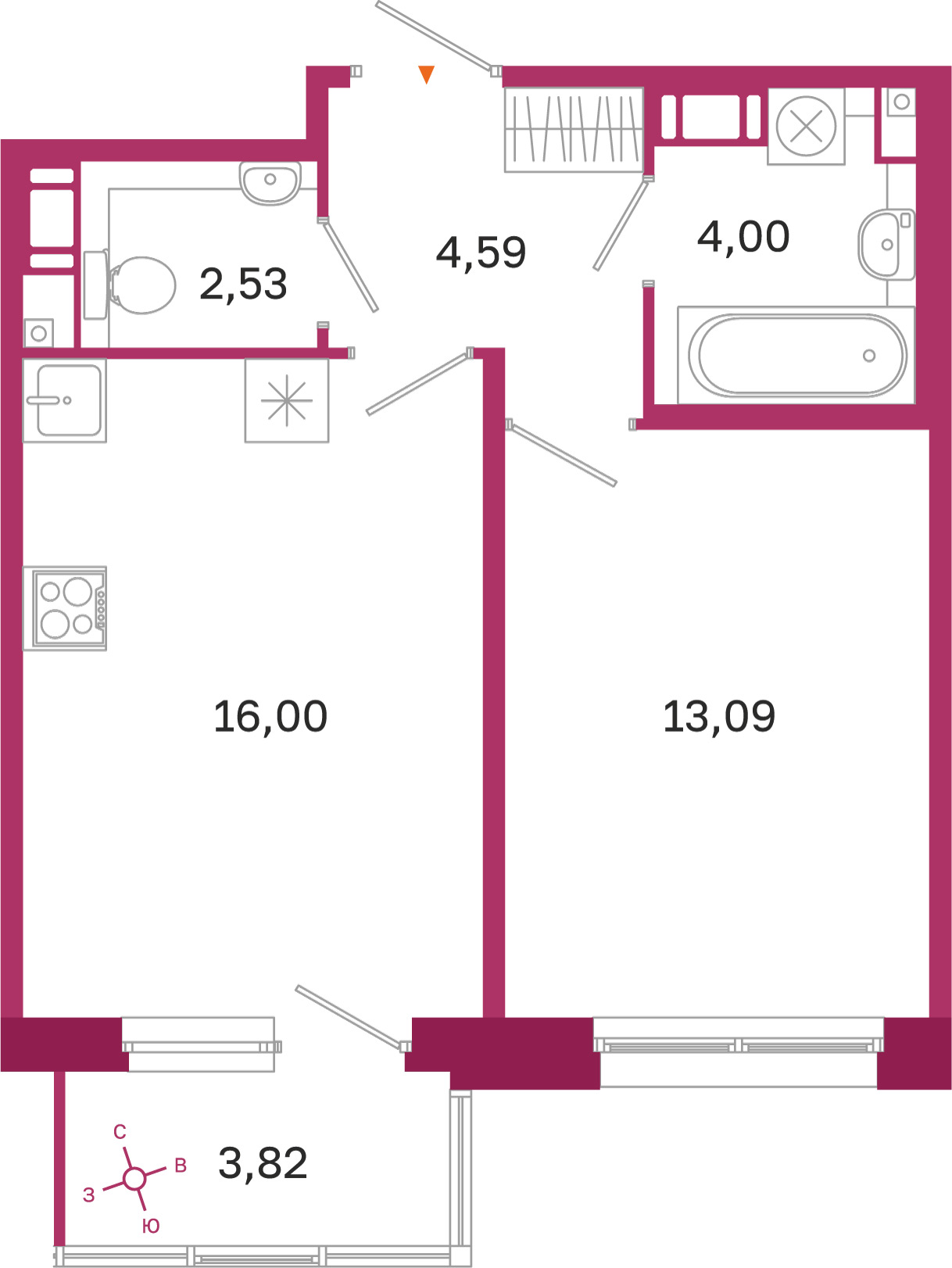 Планировка: 1-комнатная квартира, 40,2 м²