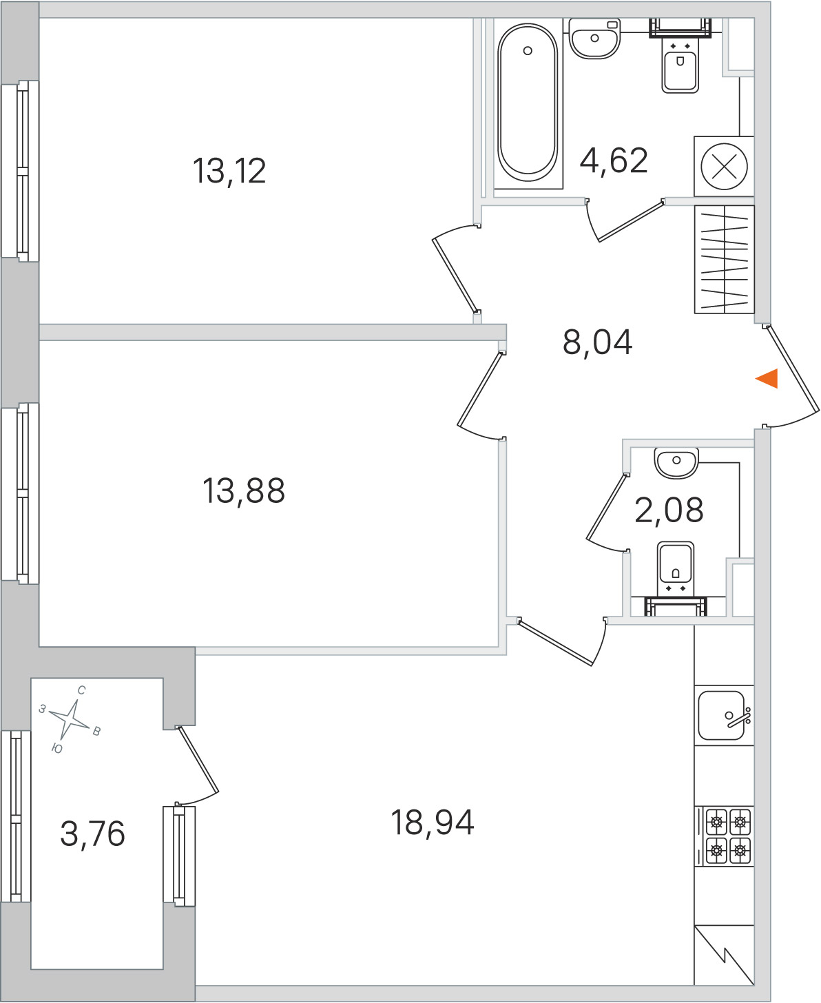 Планировка: 2-комнатная квартира, 60,7 м²