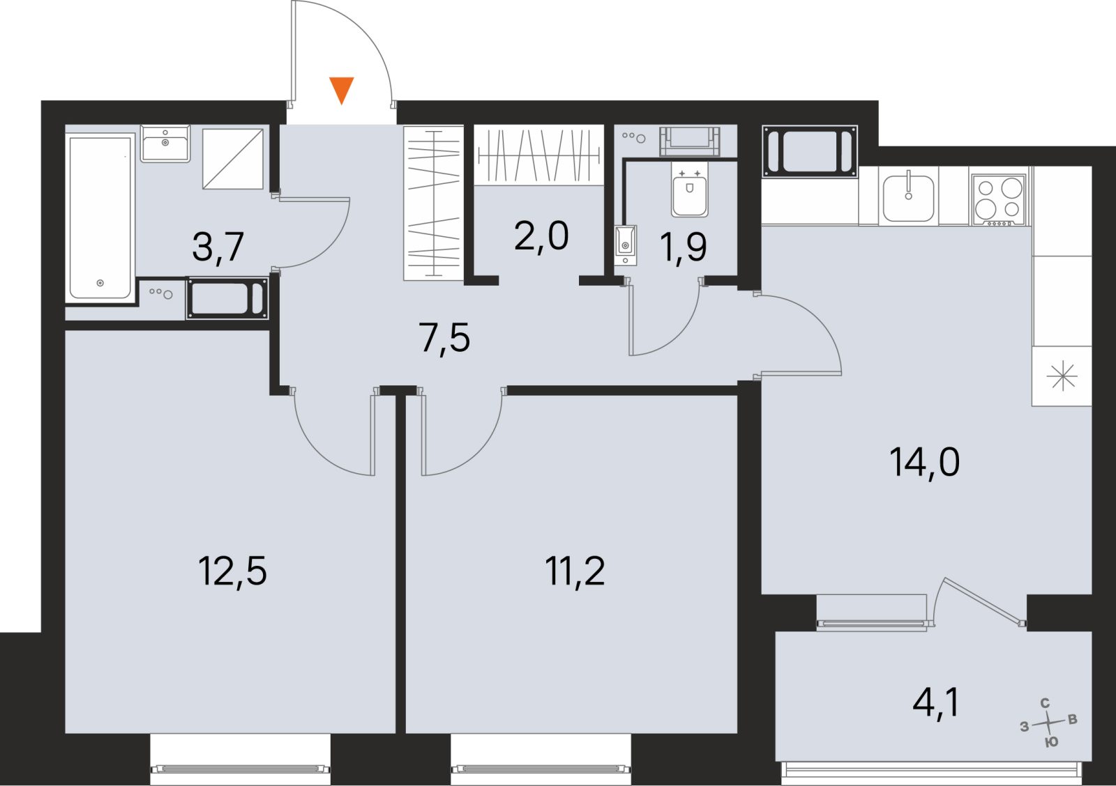 Планировка: 2-комнатная квартира, 52,8 м²