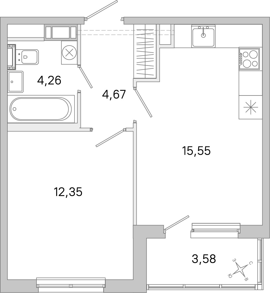 Планировка: 1-комнатная квартира, 36,8 м²