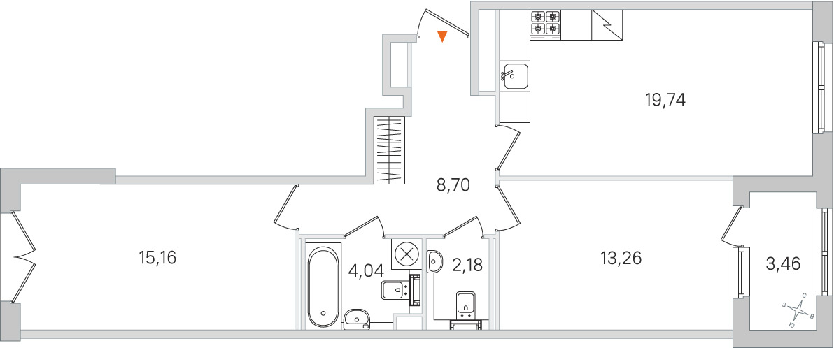 Планировка: 2-комнатная квартира, 63,1 м²