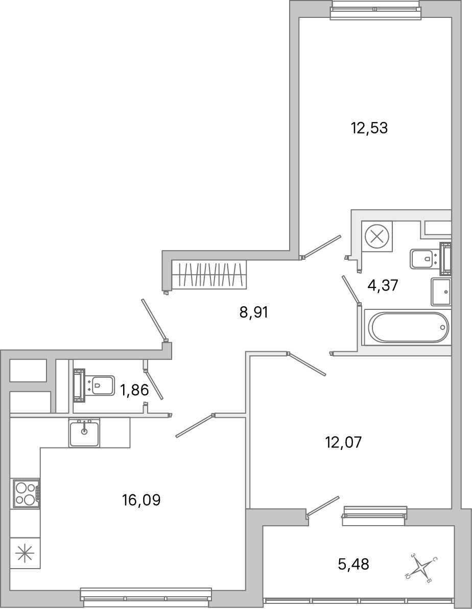 Планировка: 2-комнатная квартира, 55,8 м²