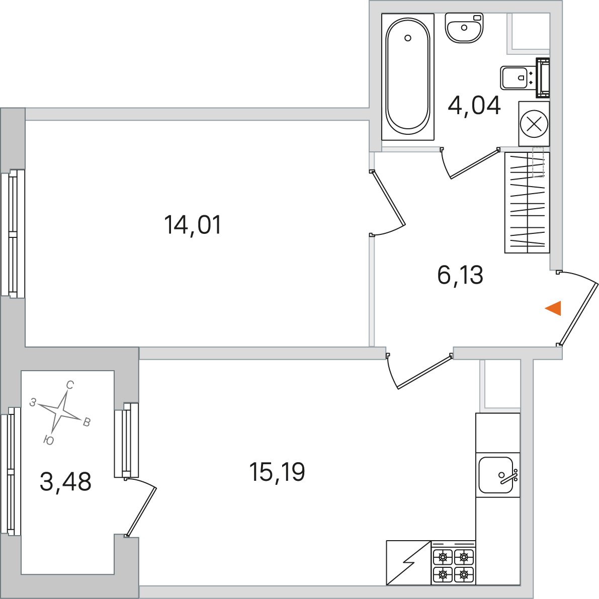 Планировка: 1-комнатная квартира, 39,4 м²