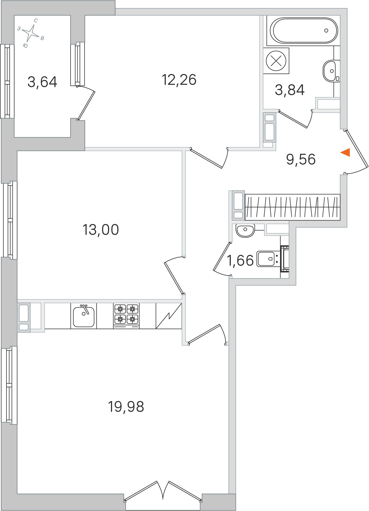 Планировка: 2-комнатная квартира, 60,3 м²