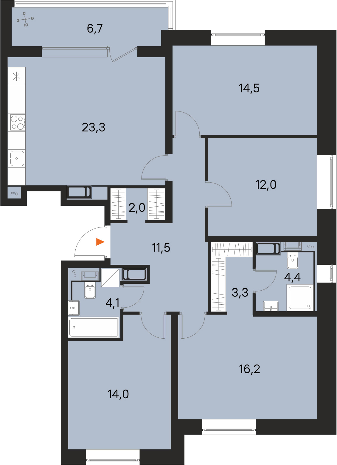 Планировка: 4-комнатная квартира, 105,3 м²