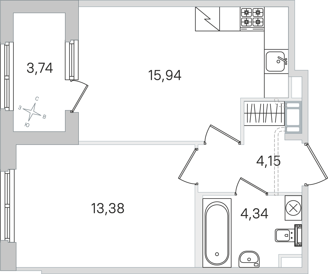 Планировка: 1-комнатная квартира, 37,8 м²