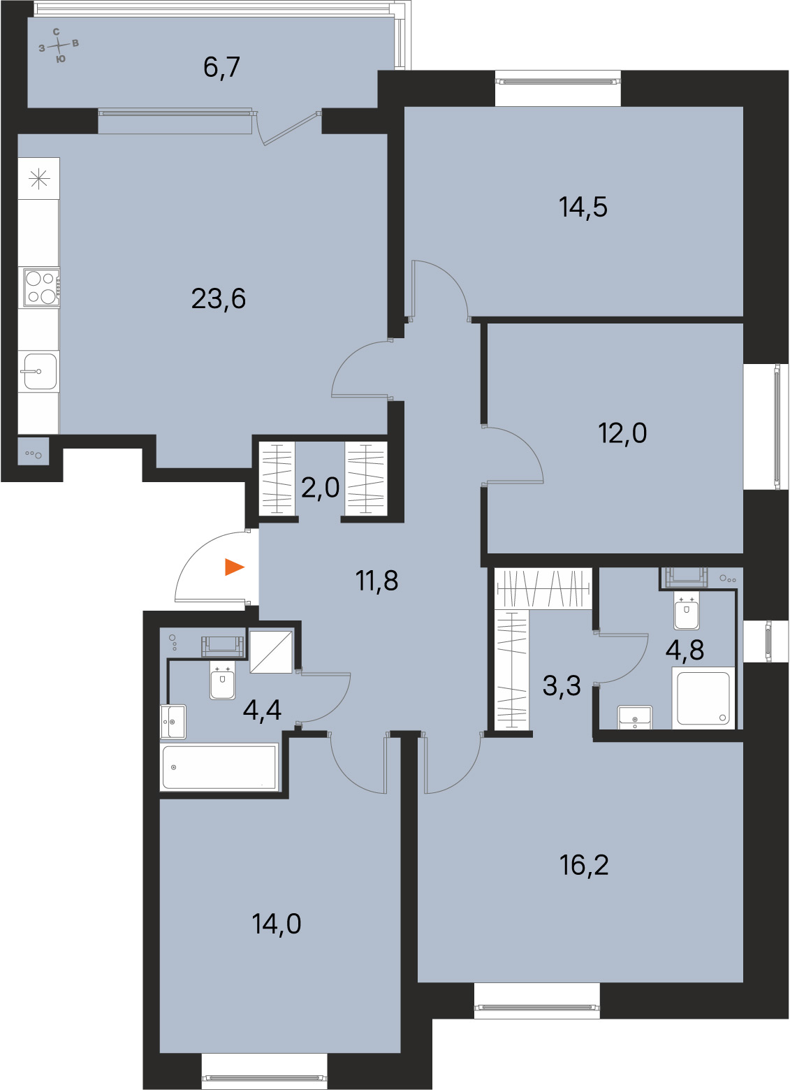 Планировка: 4-комнатная квартира, 106,6 м²