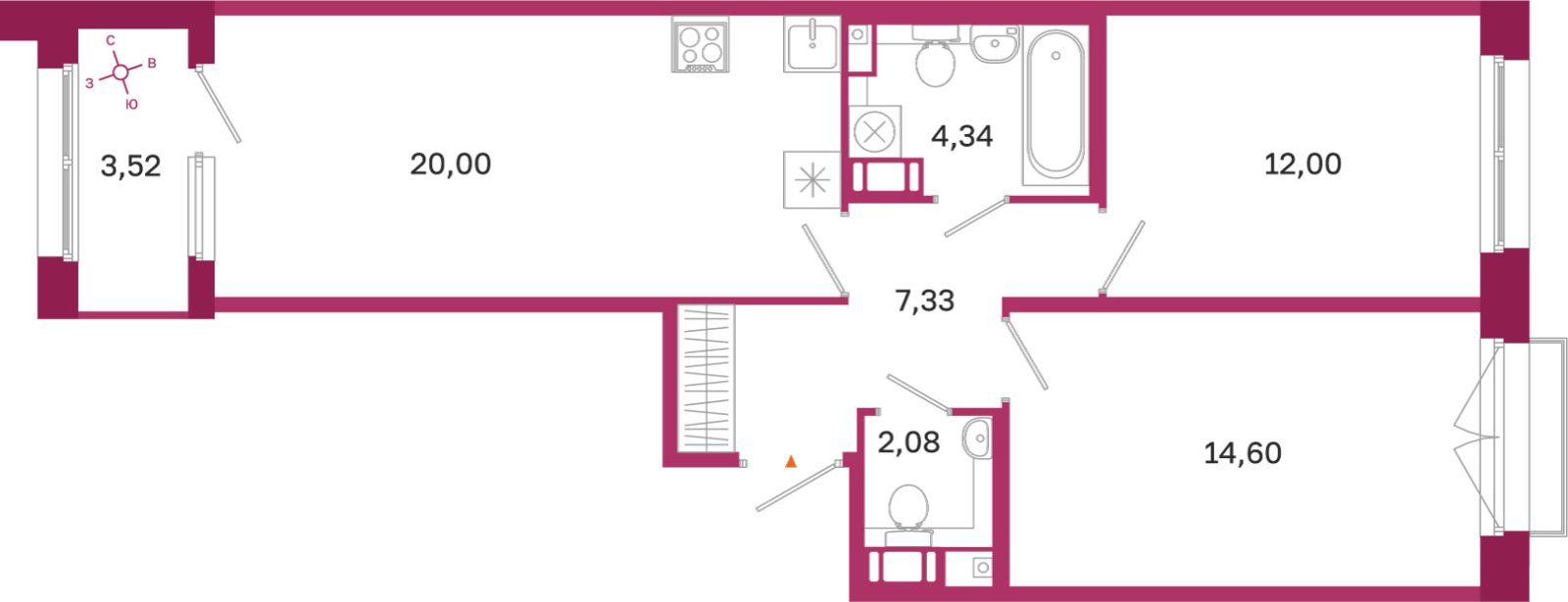Планировка: 2-комнатная квартира, 60,4 м²