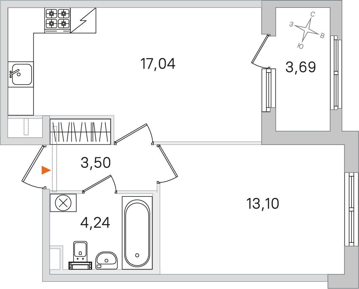 Планировка: 1-комнатная квартира, 37,9 м²