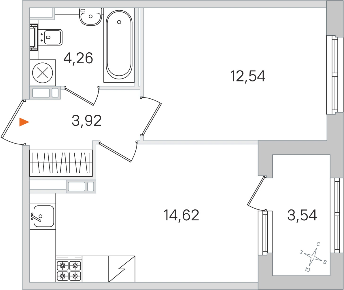 Планировка: 1-комнатная квартира, 35,3 м²