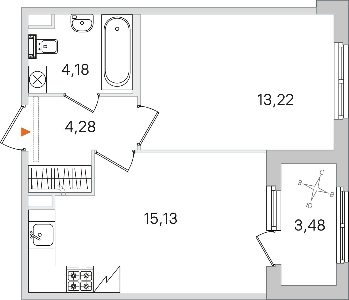 Планировка: 1-комнатная квартира, 36,8 м²