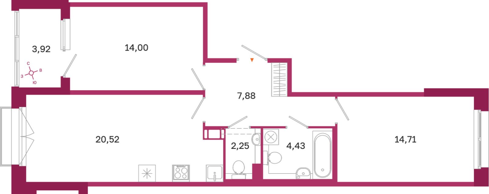 Планировка: 2-комнатная квартира, 63,8 м²