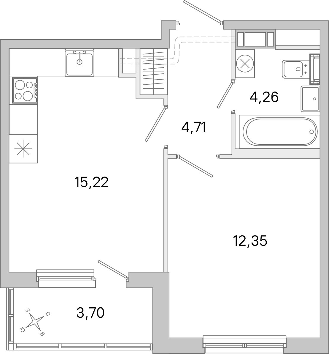 Планировка: 1-комнатная квартира, 36,5 м²