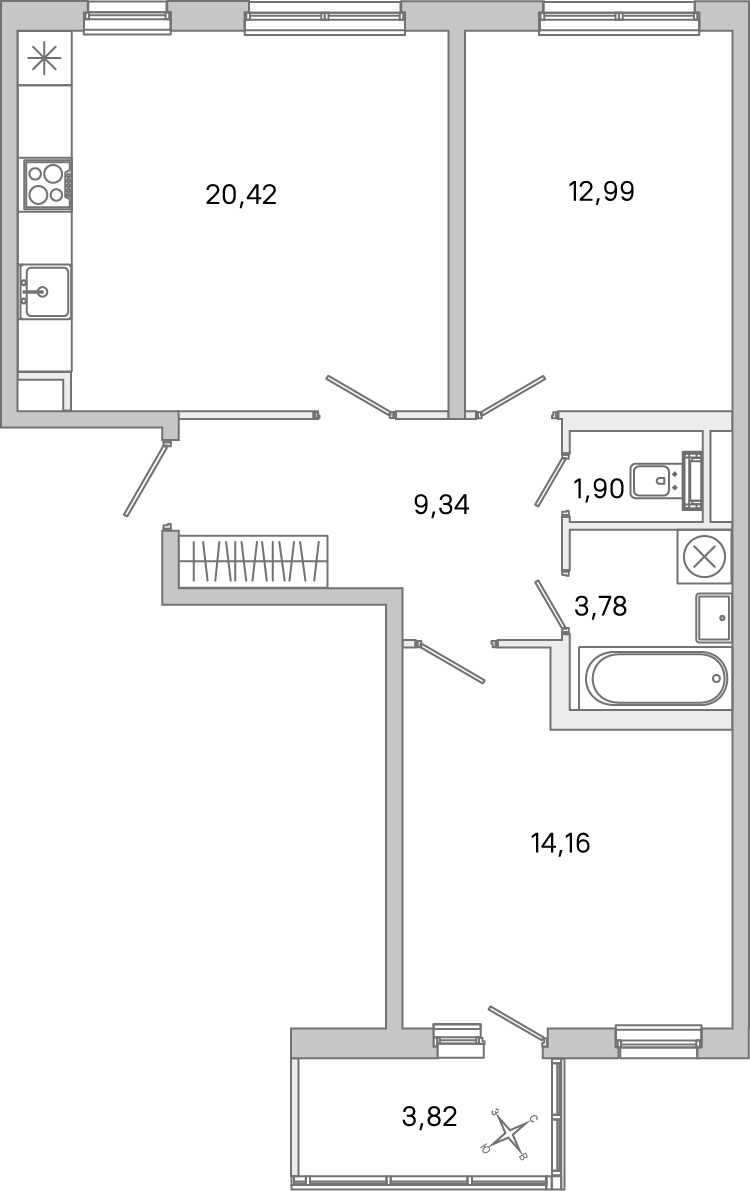 Планировка: 2-комнатная квартира, 62,6 м²