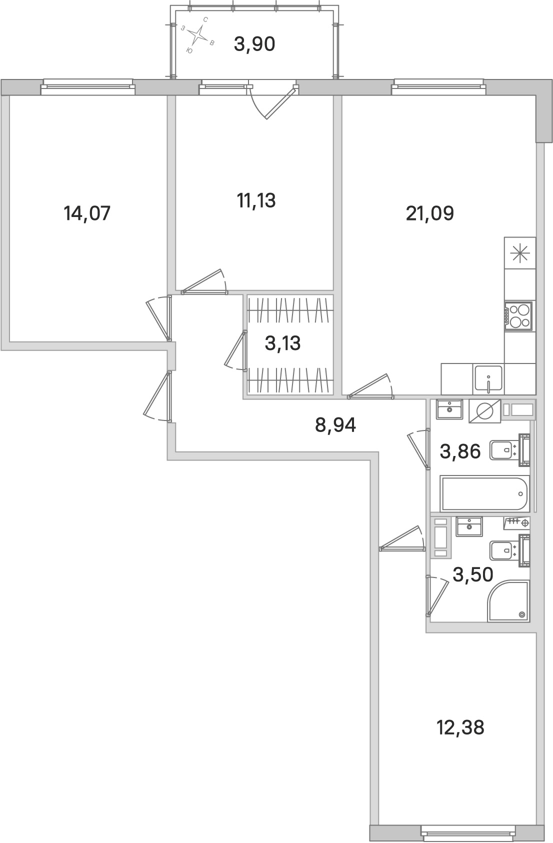 Планировка: 3-комнатная квартира, 78,1 м²